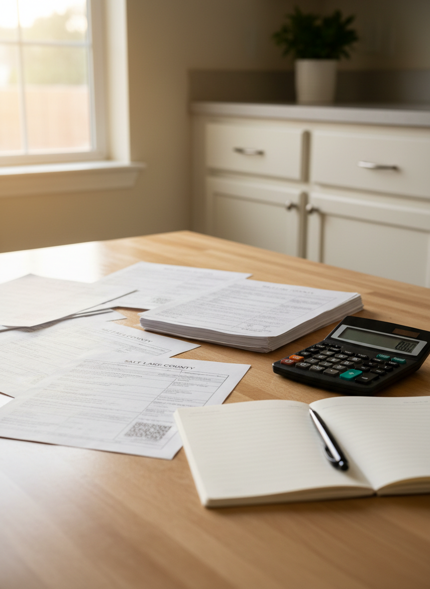 A detailed close-up of a clean wooden kitchen table inside a modest Salt Lake County home, covered with neatly arranged property tax documents, a calculator, and a blank notepad with a pen resting on top. A large window nearby lets in soft afternoon light, creating gentle highlights on the paper edges and a faint reflection on the calculator’s display. In the background, slightly blurred, are simple yet well-maintained cabinets and a small potted plant, signaling stability. Shot from a slightly elevated angle with a calm, photographic realism style, the mood is reassuring and organized, representing thoughtful property tax relief and responsible budgeting.