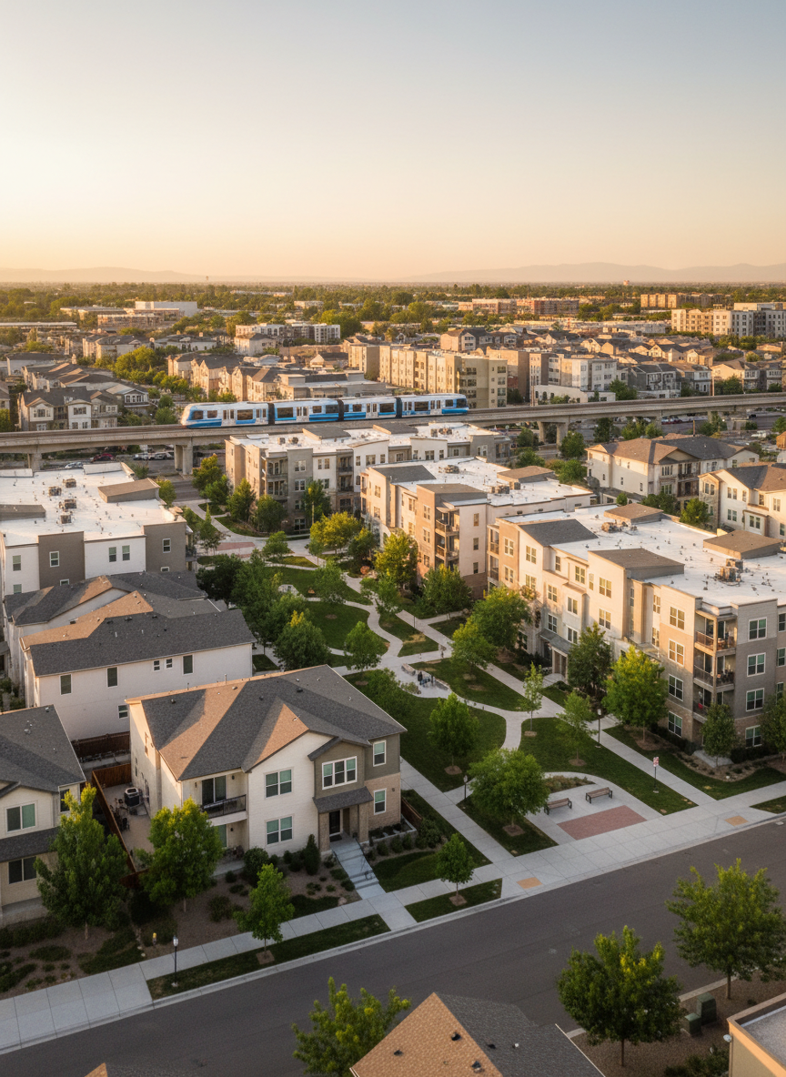 A wide panoramic view of a Salt Lake County neighborhood, featuring a thoughtful mix of single-family homes, townhomes, and mid-rise apartments, all with clean architectural lines and neutral earth-tone exteriors. Well-kept trees and pocket parks weave between buildings, and a modern light-rail train glides by in the distance, slightly out of focus. Captured during golden hour, warm sunlight highlights roofs and balconies, casting long, soft shadows across tidy sidewalks. Photographed from a slightly elevated angle with sharp focus throughout, the scene feels hopeful and orderly, emphasizing attainable housing opportunities and smart growth in a realistic, professional campaign aesthetic.