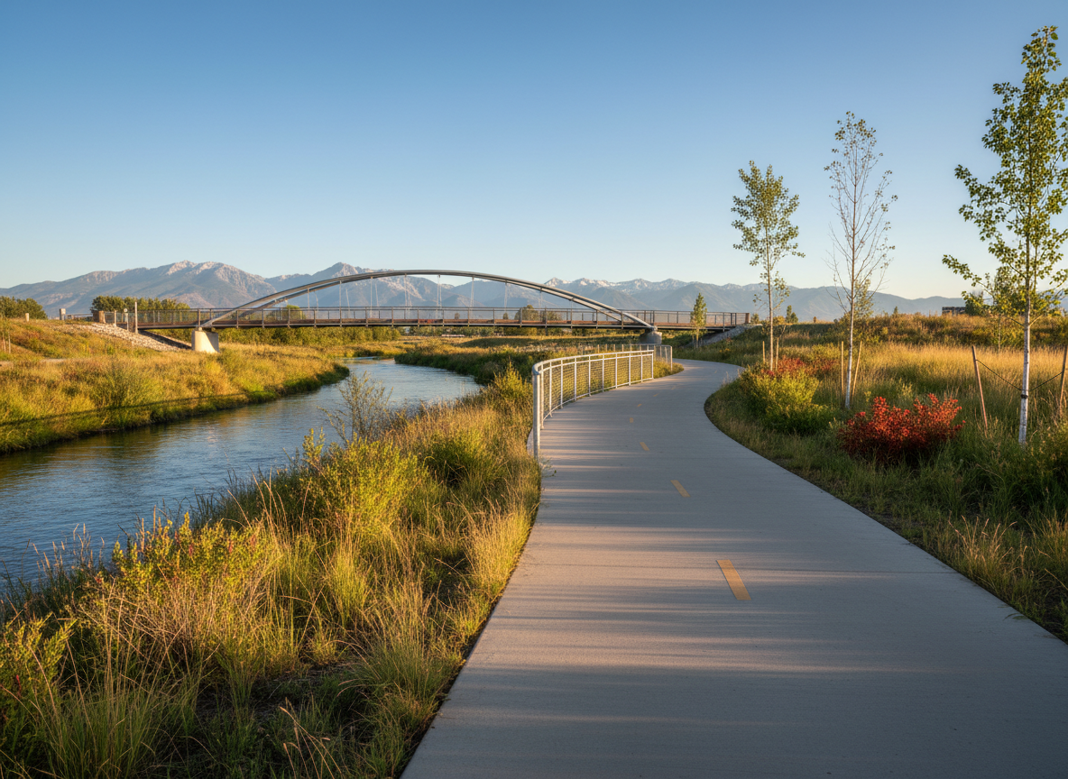 A serene Salt Lake River corridor scene in photographic realism, showcasing a carefully maintained walking and biking path curving alongside a clear, gently flowing river. Native grasses, shrubs, and young trees line the embankments, and a sturdy, modern pedestrian bridge arches overhead in the mid-ground. Snow-dusted mountains rise in the distant background under a crisp blue sky. Late afternoon sunlight creates a warm glow on the path surface and gentle highlights on the water, with soft shadows from railings and foliage. Captured from a low, forward-looking angle, the composition feels optimistic and safe, symbolizing balanced environmental stewardship and accessible county amenities.