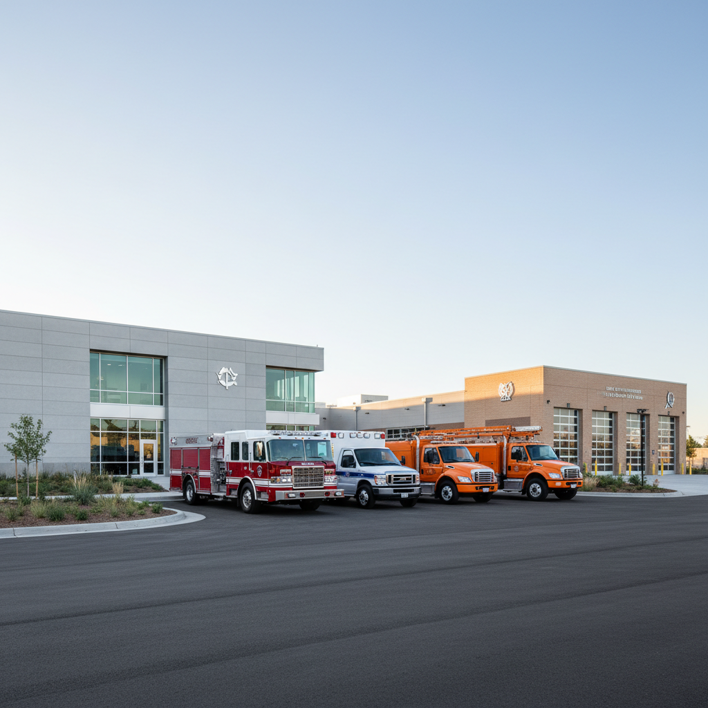 An orderly Salt Lake County public services campus, with a modern, low-profile emergency services building and a separate public works garage, all with clean, neutral facades and clear but unreadable signage. In the foreground, a row of well-maintained service vehicles—fire engine, ambulance, and utility trucks—are parked in a precise line. Overhead, the sky is clear with soft, even daylight illuminating every detail and creating subtle shadows under the vehicles. Photographed from a low, slightly angled perspective to emphasize readiness and reliability, the composition is balanced and uncluttered, conveying safe, dependable county services through realistic, professional photographic imagery.