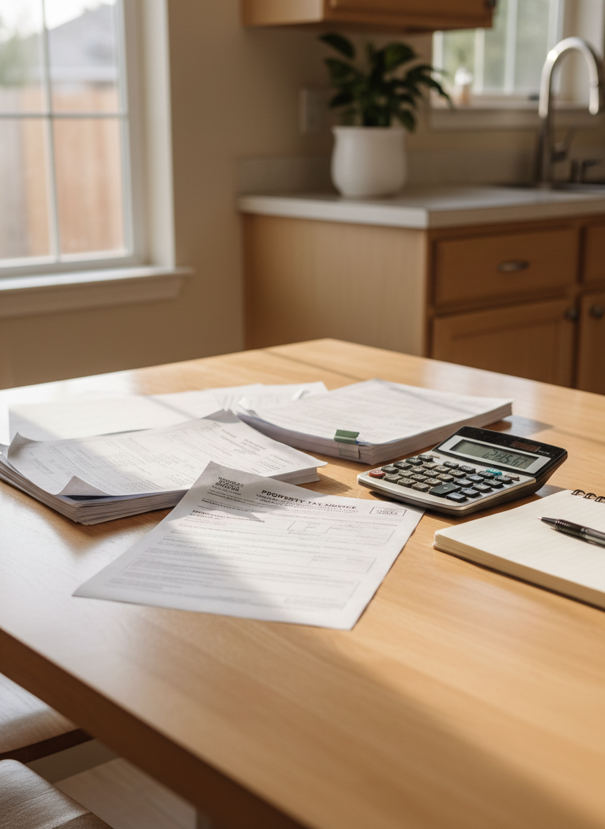 A detailed close-up of a clean wooden kitchen table inside a modest Salt Lake County home, covered with neatly arranged property tax documents, a calculator, and a blank notepad with a pen resting on top. A large window nearby lets in soft afternoon light, creating gentle highlights on the paper edges and a faint reflection on the calculator’s display. In the background, slightly blurred, are simple yet well-maintained cabinets and a small potted plant, signaling stability. Shot from a slightly elevated angle with a calm, photographic realism style, the mood is reassuring and organized, representing thoughtful property tax relief and responsible budgeting.