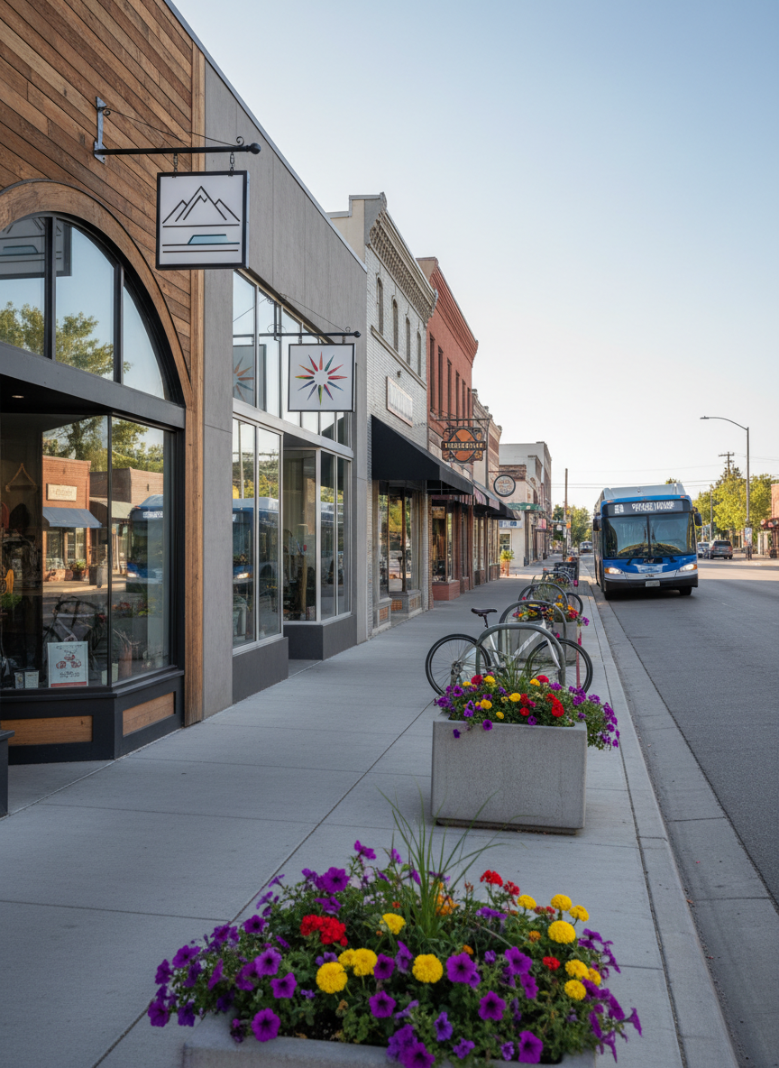 A vibrant, modern Salt Lake County main street scene without any people, featuring a row of small, independent businesses with varied but tasteful storefronts, large glass windows, and well-maintained signage with no readable text. Planters with colorful flowers line the sidewalks, and a clean street with parked bicycles and an electric bus in the background suggests sustainable transit. Late morning sunlight casts crisp, defined shadows and creates subtle reflections in the shop windows. Captured at street level with a deep depth of field, the image feels energetic yet orderly, highlighting strong local economies and business-friendly county policies in a realistic, professional campaign style.