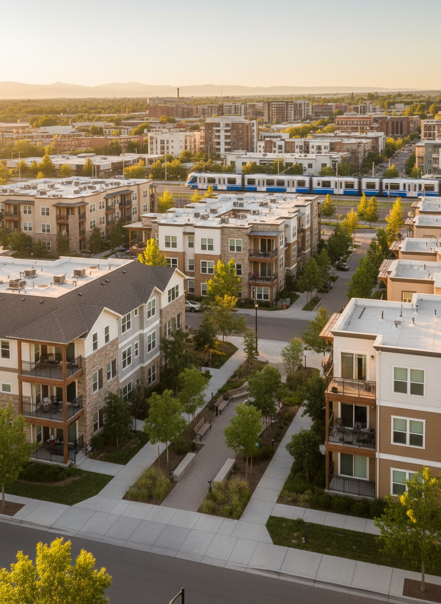 A wide panoramic view of a Salt Lake County neighborhood, featuring a thoughtful mix of single-family homes, townhomes, and mid-rise apartments, all with clean architectural lines and neutral earth-tone exteriors. Well-kept trees and pocket parks weave between buildings, and a modern light-rail train glides by in the distance, slightly out of focus. Captured during golden hour, warm sunlight highlights roofs and balconies, casting long, soft shadows across tidy sidewalks. Photographed from a slightly elevated angle with sharp focus throughout, the scene feels hopeful and orderly, emphasizing attainable housing opportunities and smart growth in a realistic, professional campaign aesthetic.