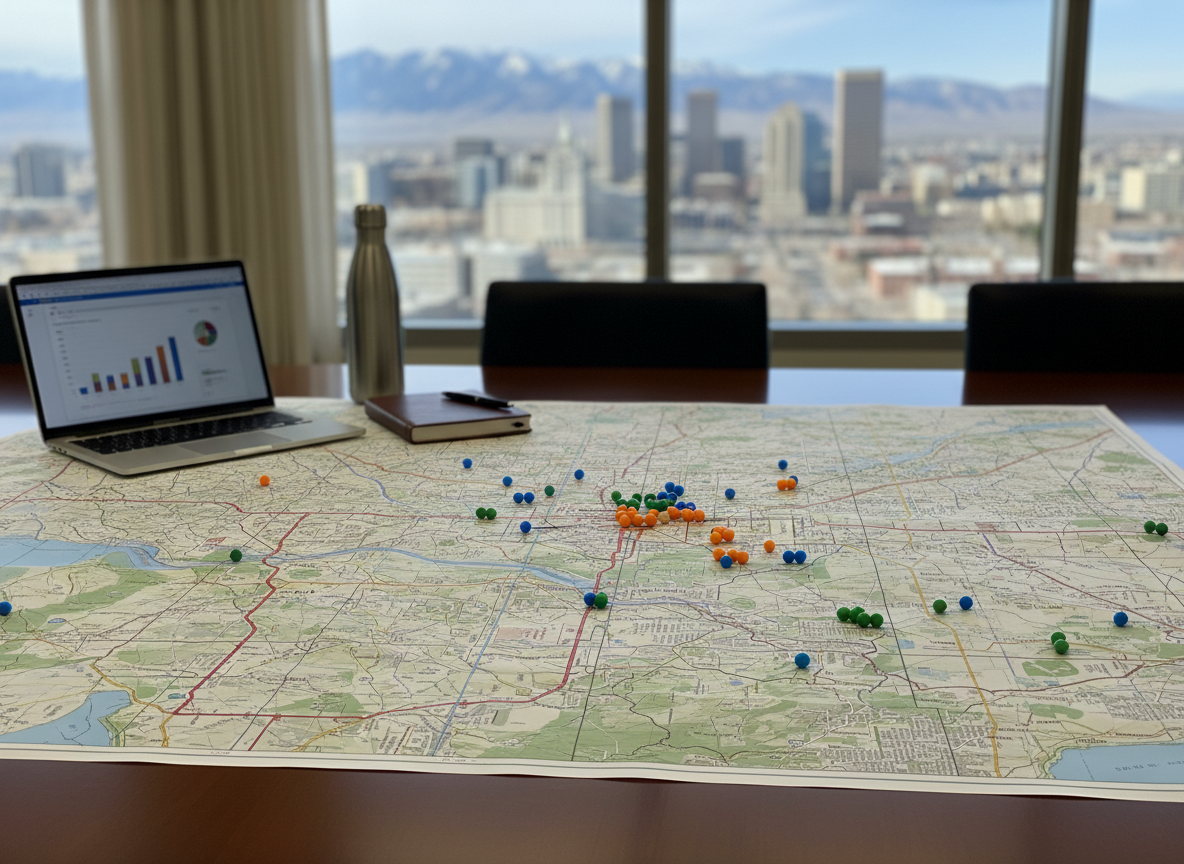 A high-angle view of a detailed Salt Lake County map spread across a sleek conference table, marked with colored pins highlighting different neighborhoods, economic hubs, and transit corridors. Beside the map sit an open laptop displaying a blurred chart, a closed leather notebook, and a stainless steel water bottle. Large windows reveal a soft-focus skyline of Salt Lake City and distant mountains under clear daylight. The lighting is bright but diffused, minimizing harsh shadows and creating a calm, analytical atmosphere. Shot in photographic realism with sharp focus on the map and gradual blur toward the edges, the scene suggests strategic, countywide planning and inclusive at-large representation.