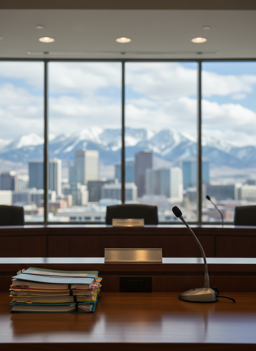 A polished wooden council dais without any people, set in a modern Salt Lake County council chamber. The focus is on a neatly arranged nameplate stand left blank, a brushed metal microphone, and a stack of organized policy folders with colored tabs. Behind, large windows reveal a soft-focus view of the Wasatch Mountains and downtown Salt Lake City. Natural midday light streams in, mixing with subtle recessed ceiling lights, creating a bright, professional atmosphere. Shot at eye level with a shallow depth of field, the foreground documents are crisp while the chamber details gently blur, conveying trustworthy, results-oriented county leadership in a clean, photographic realism style.