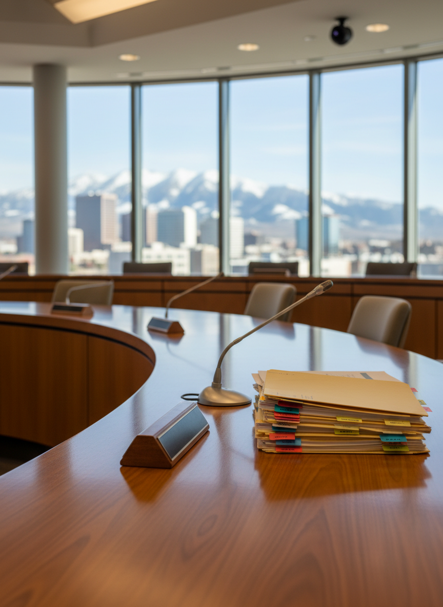 A polished wooden council dais without any people, set in a modern Salt Lake County council chamber. The focus is on a neatly arranged nameplate stand left blank, a brushed metal microphone, and a stack of organized policy folders with colored tabs. Behind, large windows reveal a soft-focus view of the Wasatch Mountains and downtown Salt Lake City. Natural midday light streams in, mixing with subtle recessed ceiling lights, creating a bright, professional atmosphere. Shot at eye level with a shallow depth of field, the foreground documents are crisp while the chamber details gently blur, conveying trustworthy, results-oriented county leadership in a clean, photographic realism style.